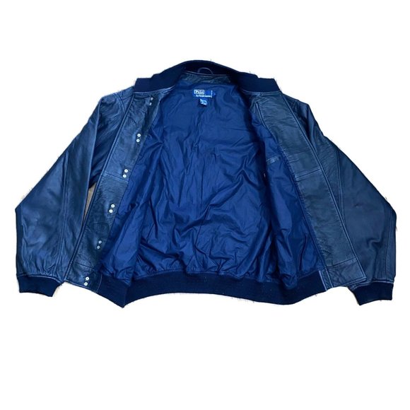 Polo Lauren Ralph Blue Bomber Large Leather Jacket - Picture 4 of 8